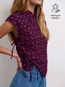 Nöista Atasan Lengan Pendek Asimetris Motif Geometris. Musim Panas, Gugur, Gaya Kasual Chic, Jalan-jalan, Pesta. - Purple - View 14