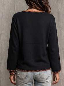 SHEIN LUNE Edisi Terbatas Halloween. Sweater Pullover Ukuran Besar Bordir Bunga - Hitam - View 2