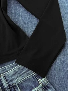 SHEIN Tween Girl 女童長袖 T-Shirt，彈性領口修身剪裁，百搭簡約舒適款 - 黑色 - 查看 4