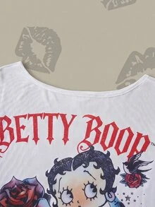 Betty Boop x SHEIN 女款字母印花不對稱肩短袖休閒上衣 - 白色 - 查看 5