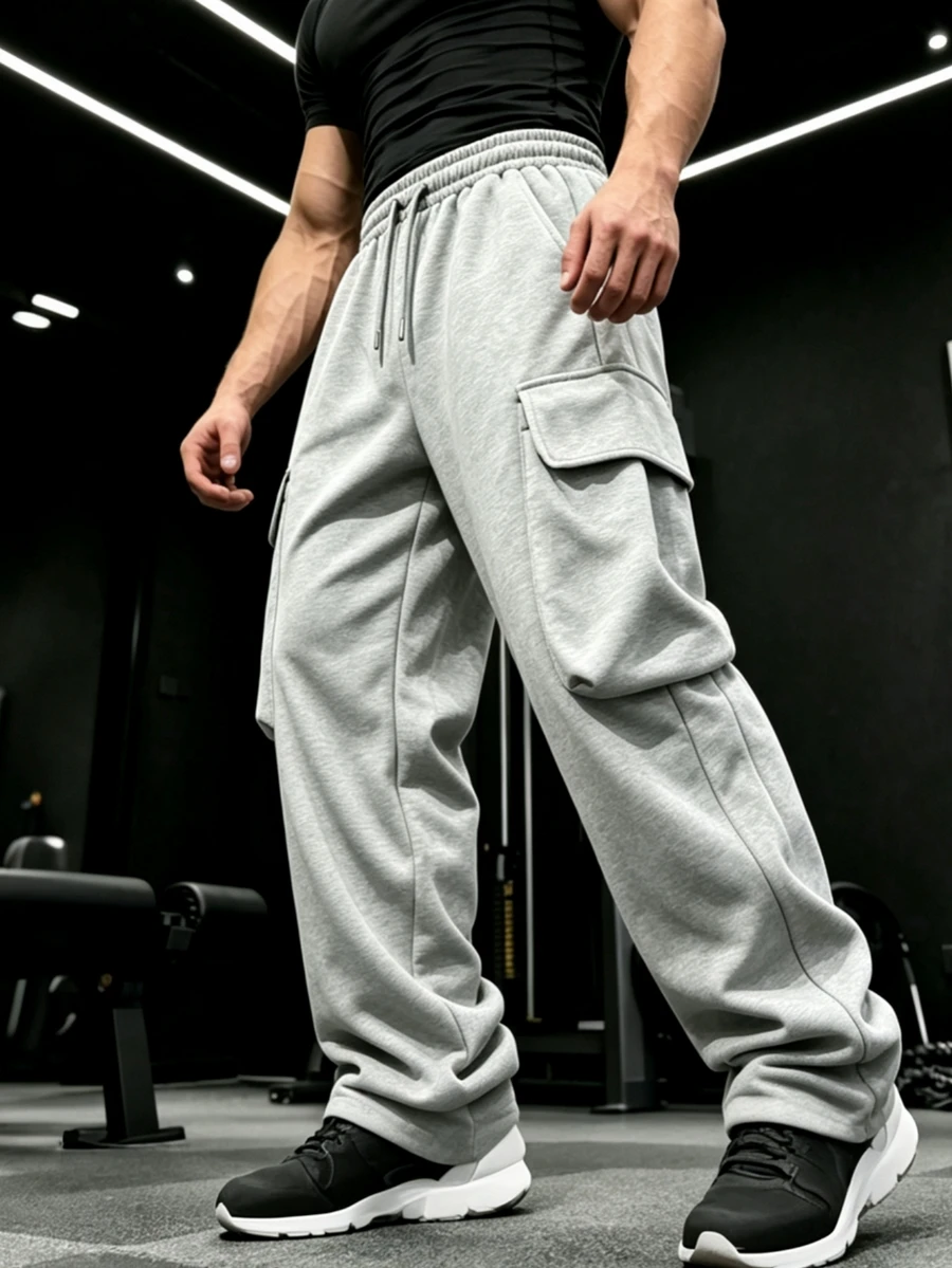 GymBeat Men's Solid Color Drawstring Waist Cargo Pocket Sports Long Pants - Grey - View 1