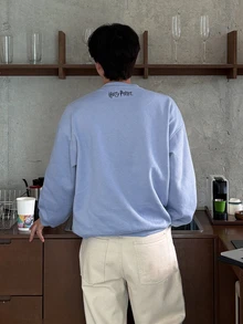 DAZY 男士印花長袖圓領運動衫，適合日常穿著 - 淺藍色 - 查看 2