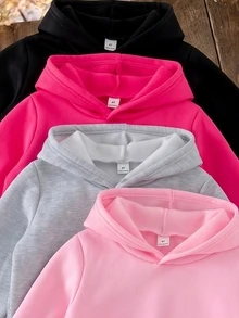 SHEIN 4件組女孩純色抓絨連帽衛衣，基礎款長袖套頭衛衣，適合返校穿著 - 彩色 - 查看 3