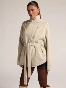 SHEIN BAE Mantel Panjang Longgar dengan Kerah Tegak dan Tali Ikat, Model Longgar dan Asimetris, Kerah Lilit Pendek, dan Kerah Tegak Elegan - Aprikot - View 6