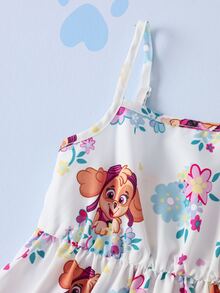 SHEIN | PAW Patrol Gaun Anak Perempuan Motif Kartun Bunga dengan Tali Bahu Tipis - Putih - View 5