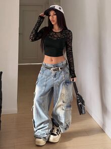 SHEIN HypeZone Flocked Mesh Patchwork Cropped Long Sleeve Sports T-Shirt - Black - View 4