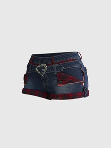 ROMWE Spring Summer Autumn Y2K Retro Plaid Heart Button Decor Casual Mini Denim Shorts For Women - Medium Wash - View 5