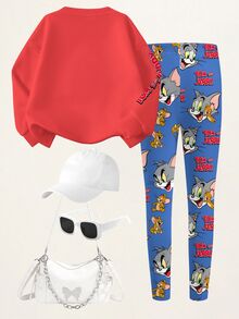TOM & JERRY X SHEIN 少女卡通圖案印花長袖衛衣與內搭褲套裝 - 白色 - 查看 4