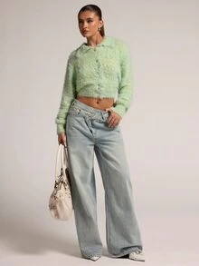 SHEIN BAE New Fashion Hot Girl Style Faux Mink Fur Collar Shell Button Fitted Long Sleeve Cinched Waist Cropped Sweater For Women - Mint Green - View 3