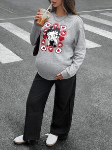 Lyckli Betty Boop x SHEIN Maternity Cartoon Pattern Casual Daily Long Sleeve Sweatshirt - Light Grey - View 6