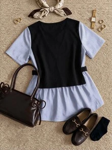 Grovea Plus Size Fashion Faux Two Pieces Striped Patchwork Short Sleeve Metal Button Casual Shirt - Multicolor - View 2