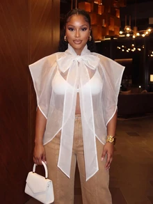 Slaydiva Spring/Early Autumn New Style Date, Commute, Modern, Daily Street, Music Festival, Holiday, Best Friend Gathering, Party Occasion Loose Neckline Tie Bow Ribbon Sheer White Mesh Cover Up Plus Size Women's Shirt Top-Z - White - View 6