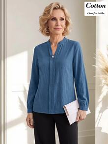 Miaspire Middle-Aged Women Casual Commute Solid Color Top - Dusty Blue - View 1
