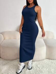 SHEIN Raffinéa 2件組女款休閒連帽拉鍊外套搭配收腰設計與彈性針織露背洋裝 - 藍色 - 查看 3