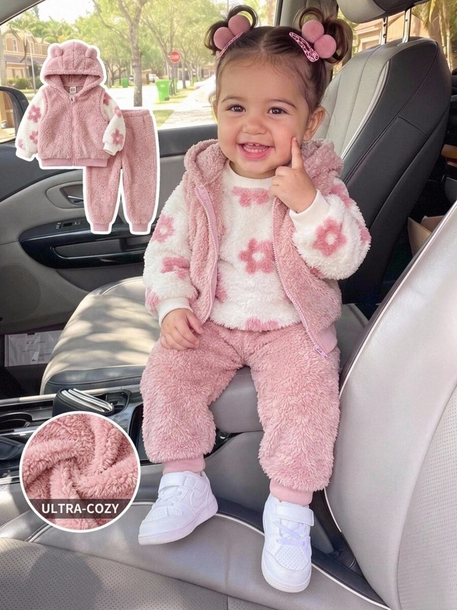 Cozy Pixies Baby Girl 3 Pieces Set Knitted Solid Color Hooded Vest Floral Round Neck Sweatshirt Long Pants Family Matching Milestones Pink Autumn - Pink - View 1