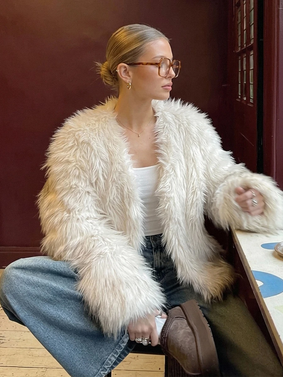 DAZY Women's Autumn/Winter Fashion Solid Color Faux Fur Coat - Beige - View 1