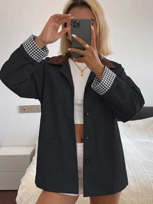 DAZY 女款休閒拼色風衣，標準版型秋季夾克 - 深灰色 - 查看 1