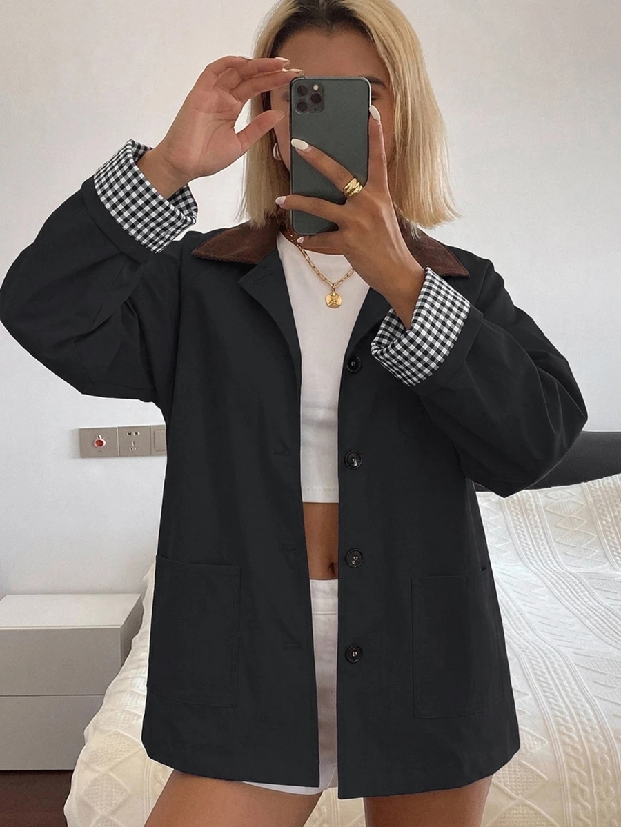 DAZY 女款休閒拼色風衣,標準版型秋季夾克 - 深灰色 - 查看 1