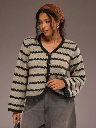 Freevana Women's Plus Size Khaki & Oatmeal Striped Cardigan, Wooden Horn Buttons, Long Sleeve Knit Top,Elegant Casual Daily Wear,Autumn/Winter Women's Clothing