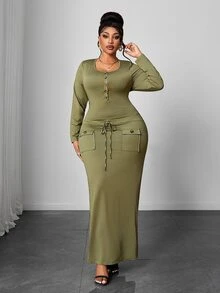 Maweii Gaun Panjang Wanita Ukuran Besar Warna Hijau Seksi Leher V Pas Badan Ramping dengan Ikat Pinggang untuk Musim Gugur - Hijau - View 1