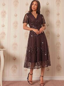 Amorya Women's Elegant Party Sequin Midi Dress - Brown - View 6