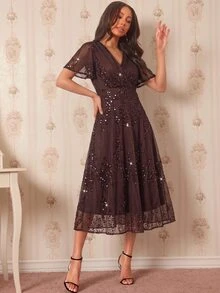 Amorya Women's Elegant Party Sequin Midi Dress - Brown - View 7