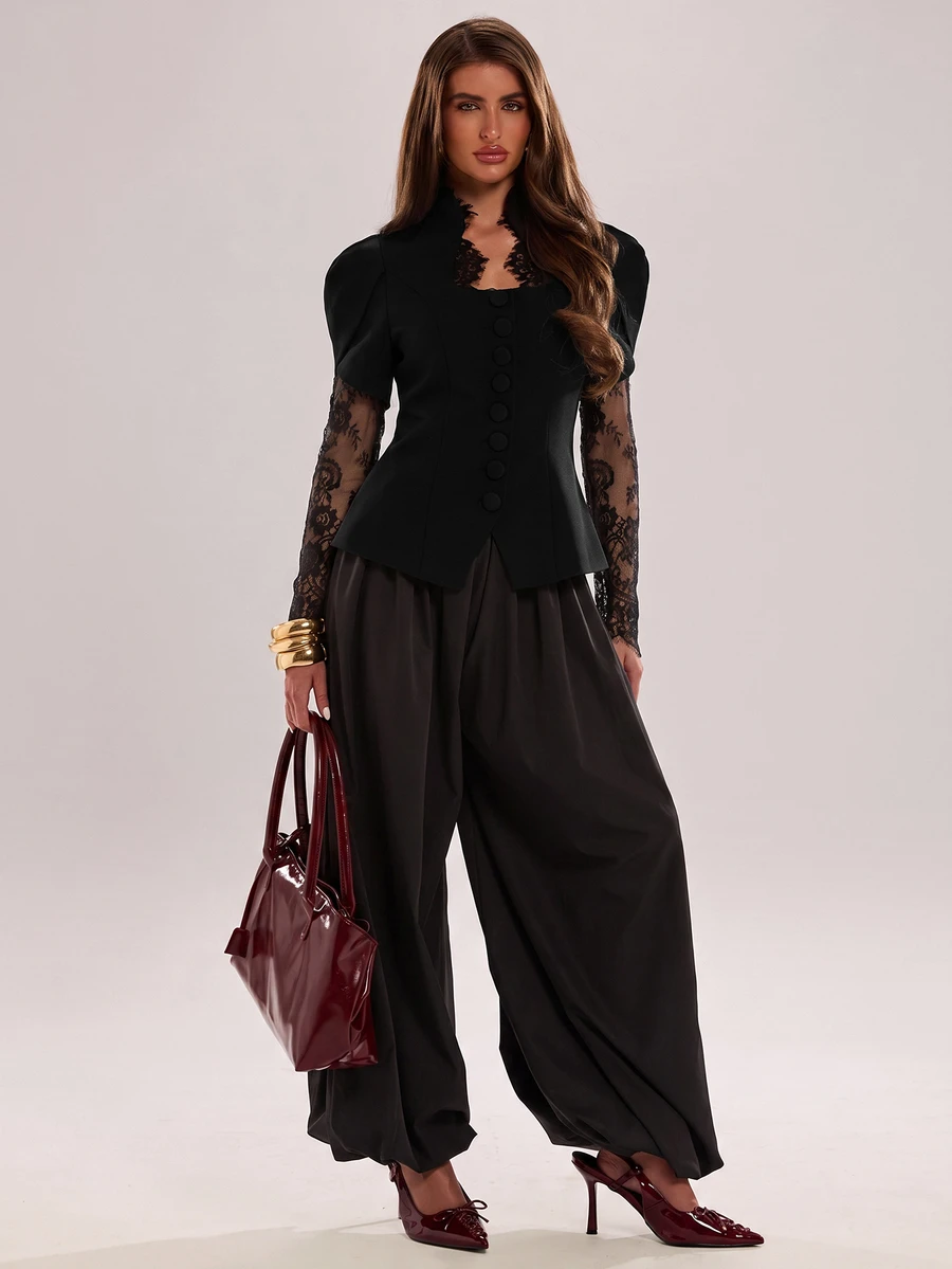 SHEIN BAE بليزر نسائي أنيق بأزرار وتطريز دانتيل مرقع - الأسود - مشاهدة 1