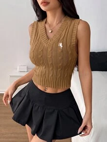 SHEIN PETITE 女款刺繡麻花編織V領背心 - 駝色 - 查看 5