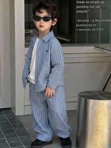 Dazy Kids 小男孩條紋長袖單排扣襯衫與長褲休閒套裝 - 淺藍色 - 查看 3
