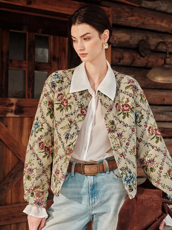 Anewsta Autumn/Winter Apricot Oil Painting Style Round Neck Elegant Jacket