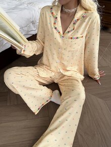 CottageSlumber Soft Sweet Pale Yellow Fine Grid Base Colorful Small Polka Dot Collar Long Sleeve Long Pants Pajama Set - Yellow - View 6