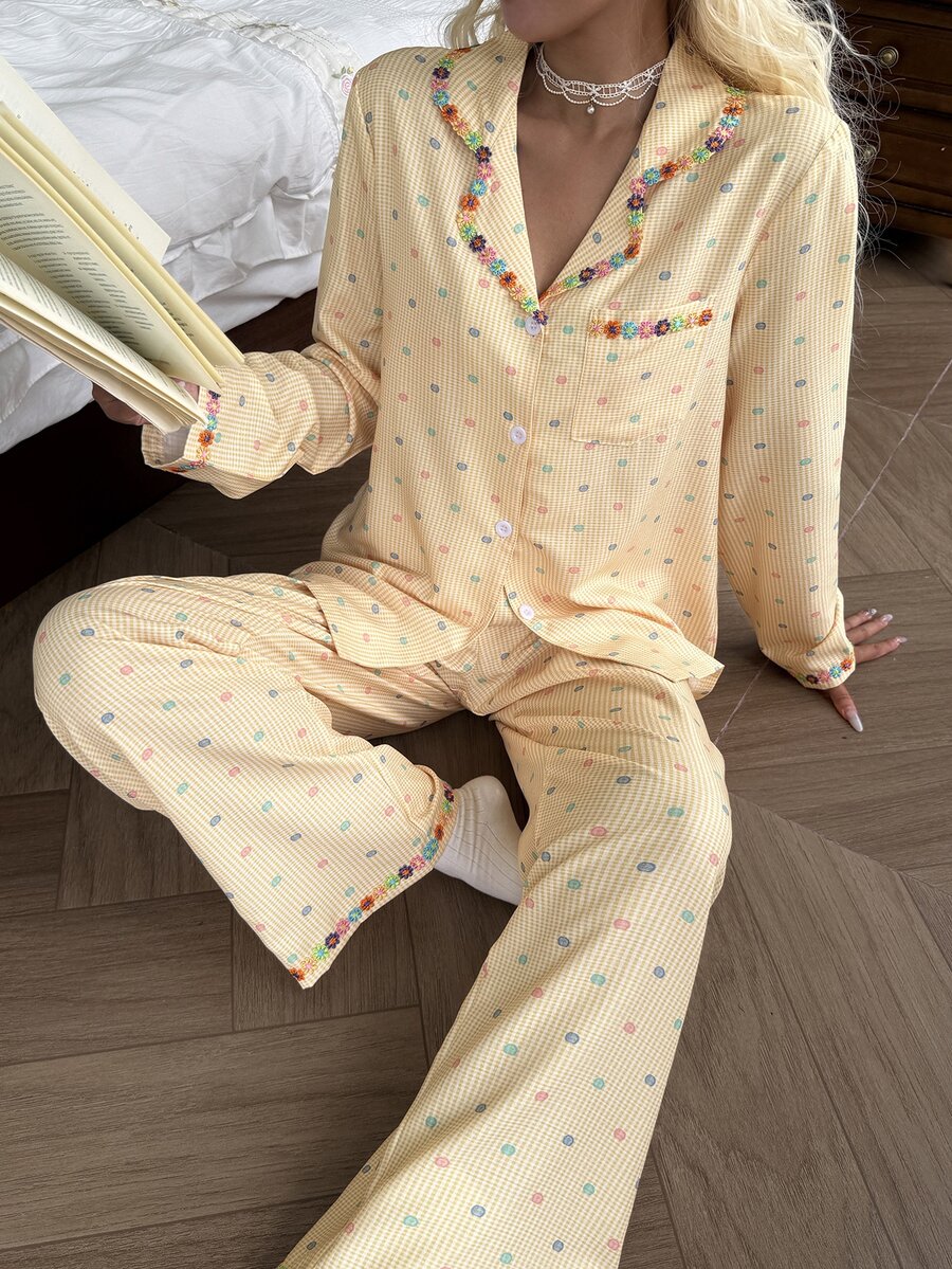 CottageSlumber Soft Sweet Pale Yellow Fine Grid Base Colorful Small Polka Dot Collar Long Sleeve Long Pants Pajama Set - Yellow - View 1