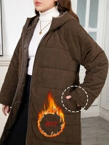 SHEIN Clasi 大尺碼女款優雅冬季燈芯絨加厚連帽外套，附口袋與抓絨內裡，中長版 - 摩卡棕 - 查看 3