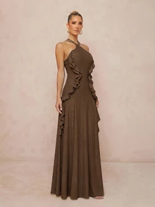 Lumalex New Knit Jacquard Tree Pattern Ruffle Trim Sleeveless Tie Halter Neck Long Dress - Brown - View 8