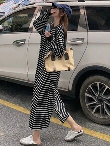 DAZY Gaun Midi Kasual Lengan Panjang Bergaris Leher Bulat Bahu Jatuh untuk Wanita - Hitam - View 2