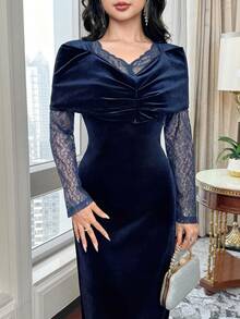 Feyla New Design Lace Patchwork Velvet Waist-Cinching Slimming Elegant Elegant Party Dress - Navy Blue - View 4
