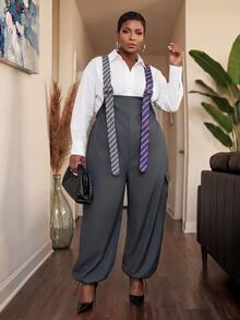 Slaydiva Spring/Autumn New Elegant Commute, Party, Modern, Wedding Season, Graduation Season, Back To School, Brunch, Afternoon Tea, Business Occasions, Loose Solid Gray Color, Adjustable Tie Shoulder Straps, Pockets, Drawstring Hem, Woven Fabric, Women's Plus Size Extra Long Overalls - A - Grey - View 7