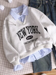 SHEIN Sparklyn Tween女孩大學休閒百搭通勤假兩件領口襯衫領運動衫，數字字母印花豹紋寬鬆版型 - 彩色 - 查看 1