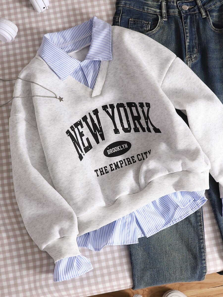 SHEIN Sparklyn Tween女孩大學休閒百搭通勤假兩件領口襯衫領運動衫，數字字母印花豹紋寬鬆版型 - 彩色 - 查看 1