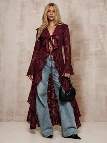 Glamine 春夏浪漫度假風荷葉邊優雅透視長版輕便外套，西式女款外套，秋冬女款外套，聖誕穿搭，女款冬季大衣，女款沙灘穿著，女款優雅輕便外套 - 紅色 - 查看 1