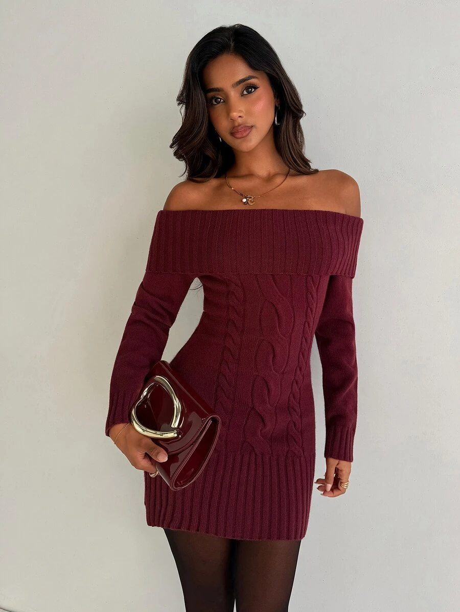 Aloruh Women's Elegant Solid Color Off-Shoulder Knit Dress, Autumn/Winter - Burgundy - View 1