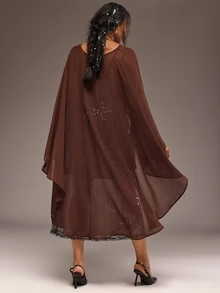 Freevana Elegant Brown Sheer Mesh Poncho Top Silver Metallic Sequin Long Skirt Chic Party Two Pieces Set - Brown - View 2