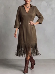 Linhara CURVE Gaun Elegan Ukuran Besar Musim Gugur/Dingin, Leher V, Lengan 3/4, dan Hiasan Rumbai di Bagian Bawah - Coffee Brown - View 4