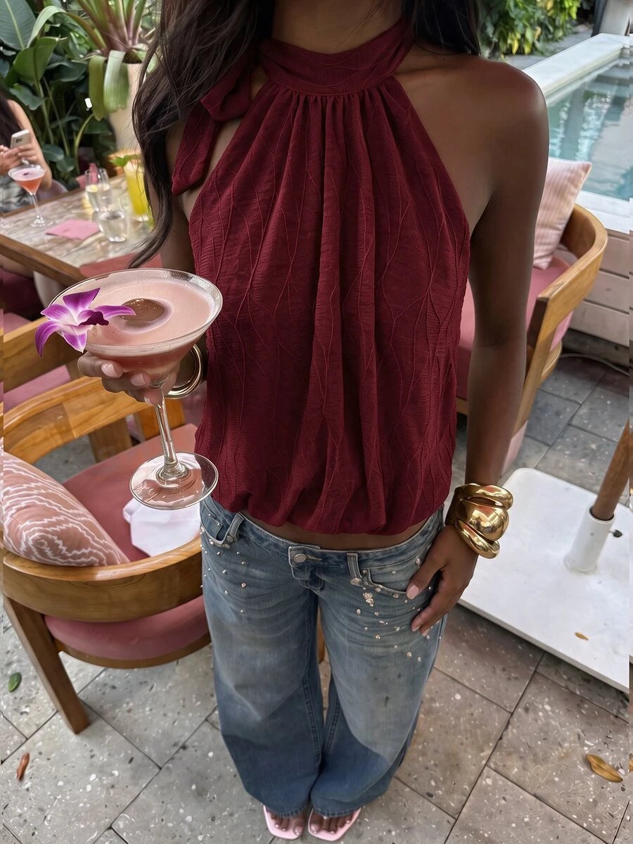 SHEIN Unity 女款酒紅色紋理布料掛脖綁帶無袖套頭上衣 休閒性感時尚百搭上衣 適合早午餐、夜晚外出、夏季度假 - 紅色 - 查看 1