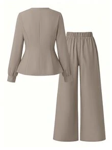 GlowEve CURVE Plus Size Women's Commuter Versatile Elegant Round Neck Fitted Cardigan With Embroidered Fabric Patchwork Jacket And Straight Leg Ruched Long Pants - Khaki - View 2