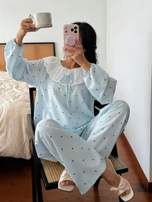 SHEIN Cute Polka Dot Peter Pan Collar Pajamas For Women, Spring Summer Autumn, Lace Trim Loungewear - Baby Blue - View 1