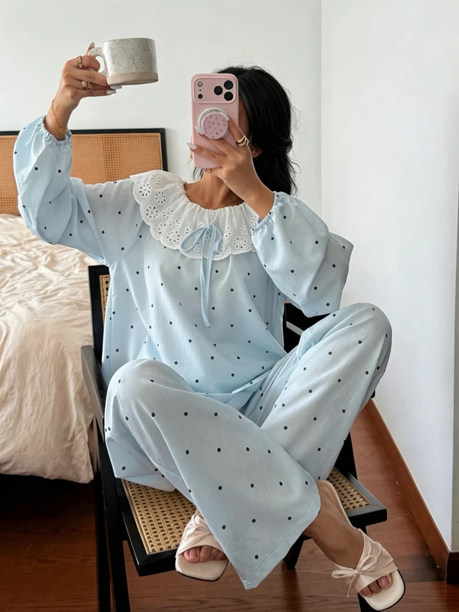 SHEIN Cute Polka Dot Peter Pan Collar Pajamas For Women, Spring Summer Autumn, Lace Trim Loungewear - Baby Blue - View 1