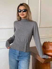 DAZY Women's Solid Color Fitted Waist Button Half-High Neck Long Sleeve Casual Holiday Korean Street Style Autumn/Winter Knit Sweater - Grey - View 5