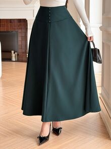 DAZY Dark Green High Waist Button Decor A-Line Flared Elegant Commute Midi Skirt Women Autumn Winter - Khaki - View 3