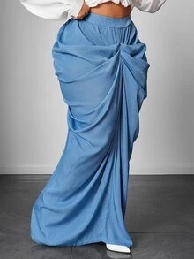 Maweii Plus Size Women's Solid Color Pleated Casual Versatile Everyday Skirt Fall - Baby Blue - View 4